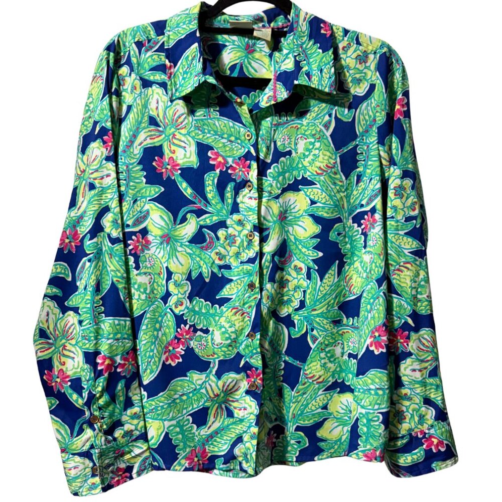 Caribbean Joe Women's Tropical Floral Button-Down Shirt Long Sleeve | Large